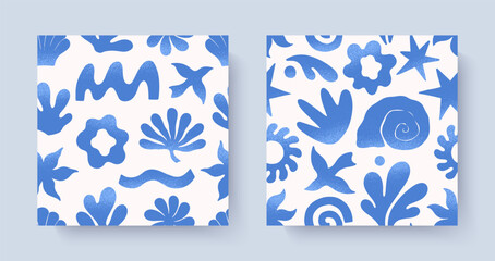 Summer tropical seamless patterns with hand drawn nature organic elements:palm,sun,coral,seashell,bird,wave.Trendy backgrounds for banners,smm,branding,textile,covers,prints.Summer vacation aesthetic