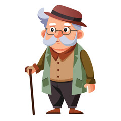 Cartoon of an elderly man with a cane and wearing a hat