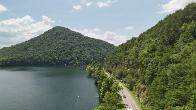 Aerial Drone Odyssey Over Ocoee River, Lake, and Dam, Tennessee