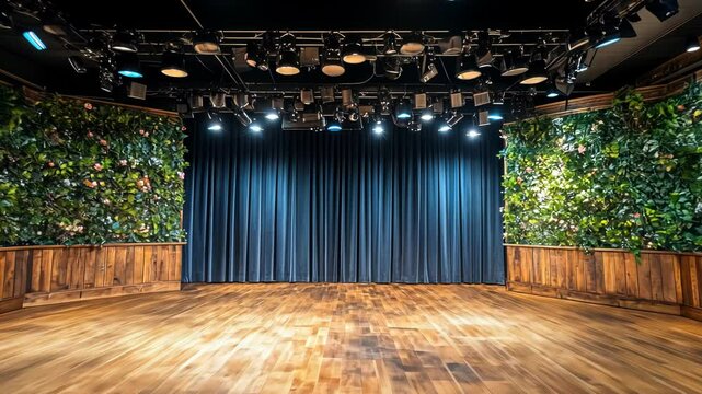 Elegant, empty performance venue with lush greenery and wooden accents