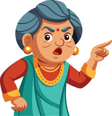 Cartoon angry woman pointing with finger on white background