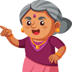 Cartoon woman with gray hair pointing to the left side view