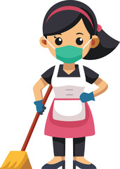 Fototapeta premium Cartoon maid with mask and broom isolated on white space