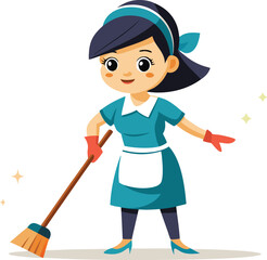 Fototapeta premium Cartoon woman in maid outfit sweeping with a broom happily