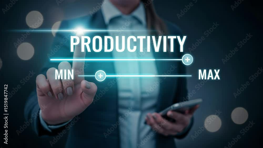 Poster Person adjusting productivity slider from minimum to maximum with smartphone in hand view