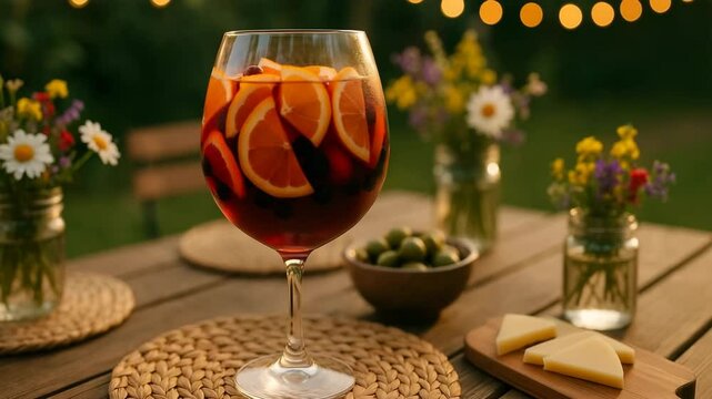 Charming summer caf&eacute; table with sangria, perfect for ads, blog posts, or social media on outdoor dining and seasonal drinks