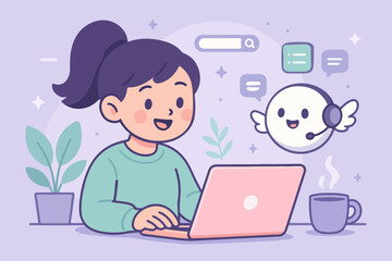 Search concept. Character using artificial intelligence generative tools for searching or browsing internet. Woman integrating with robot