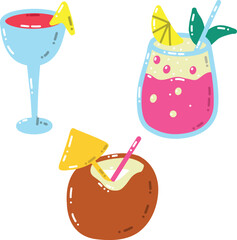 Colorful Tropical Cocktail Set Illustrations with Fruit Garnishes and Decorative Designs. Bright and colorful illustrations of cocktails featuring tropical themes, fruit garnishes, and playful designs