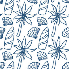 Seamless Pattern with Tropical Elements Including Palms and Surfboards. Illustration features a seamless pattern of tropical motifs like palm trees, seashells, and surfboards. The design emphasizes 