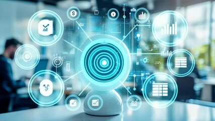 Modern smart camera in an office setting.  Interactive data visualization - Powered by Adobe