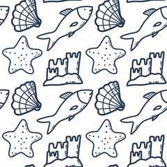 Seamless Beach-Theme Pattern With Seashells, Fishes, Stars, and Sandcastles. Illustrated seamless pattern featuring beach-themed icons like fish, seashells, starfish, and sandcastles, ideal for summer