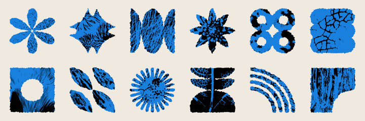 Set of graphic geometric assets with grid, pattern and elements. Vector modern shapes in retro aesthetic. Isolated illustration for stickers, poster, collage, design template