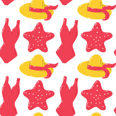 Summer Beach Pattern With Hats, Swimsuits, and Starfish in Bright Colors. Vibrant seamless pattern featuring yellow hats, red swimsuits, and starfish on a white background. Perfect for summer-themed 