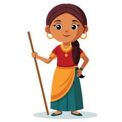 Cartoon girl holding a stick in traditional indian dress