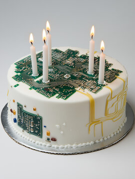 A futuristic birthday cake made of technological components, glowing circuits, metallic layers, fiber optic cables, and LED lights. AI Generative.