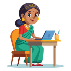 Woman in saree working on laptop at desk illustration art