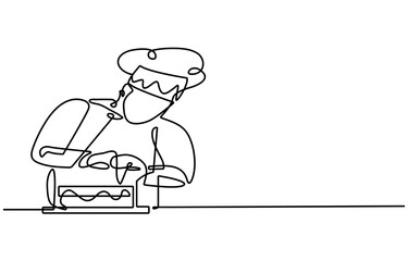 Continuous one line drawing of a chef is cooking in the kitchen, Continuous one line drawing of chef cooking with pan. Professional chef holds pan in single line draw vector illustration.