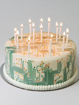 A futuristic birthday cake made of technological components, glowing circuits, metallic layers, fiber optic cables, and LED lights. AI Generative.