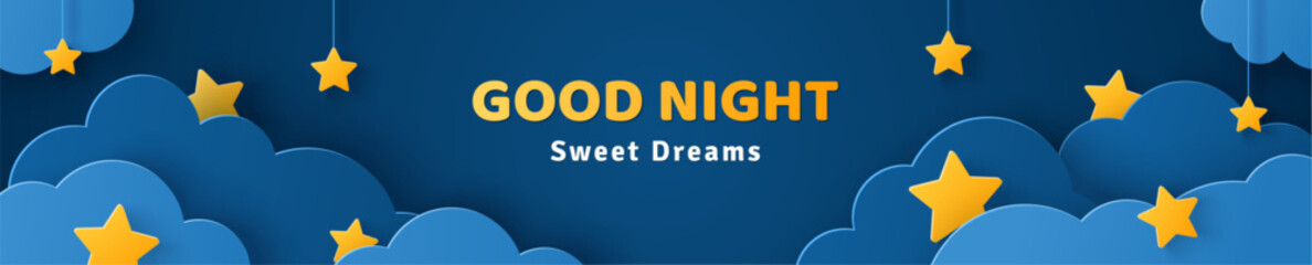 Good night and sweet dreams banner. Fluffy clouds on dark blue sky background with gold stars. Vector illustration. Paper cut style. Place for text. Children cute space design, bedtime card