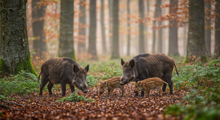 A wild boar (Sus scrofa) family with piglets foraging in the forest