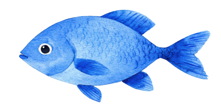 Vibrant blue fish illustration with smooth texture and playful expression, perfect for aquatic themes and designs, Isolated on transparent background
