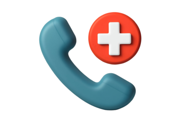 3D render of a phone icon with a medical cross, symbolizing emergency contact
