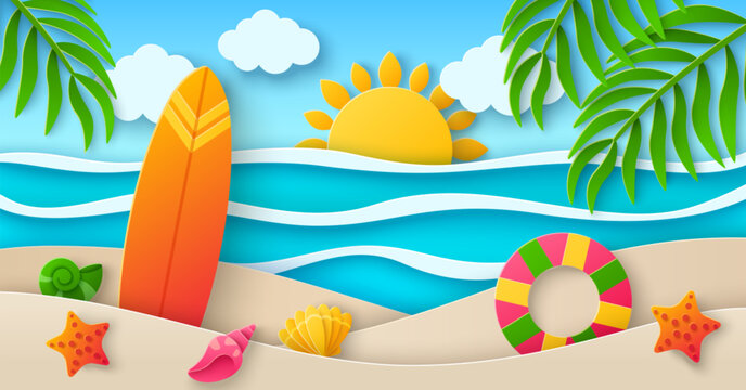 Hello Summer background. Vector illustration. Paper cut poster, surfing party, seashell, tropic leaves, beach sand and ocean vacation. Surf board, sea waves banner. Place for text.
