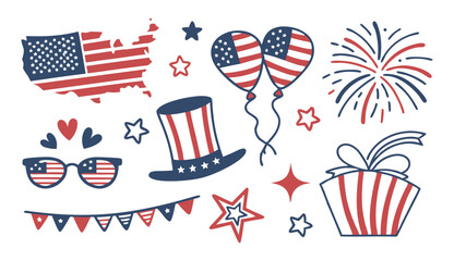 USA 4th of July Clipart Set | Patriotic Vector Illustrations with Flags, Fireworks, Stars, Hat, Heart, and Party Decor | Red White Blue Holiday Icons