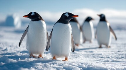 Fototapeta premium penguins standing on antarctic ice with dramatic lighting and white snow