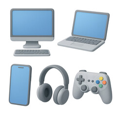 A collection of modern digital devices; desktop computer, laptop, smartphone, headphones, and a game controller