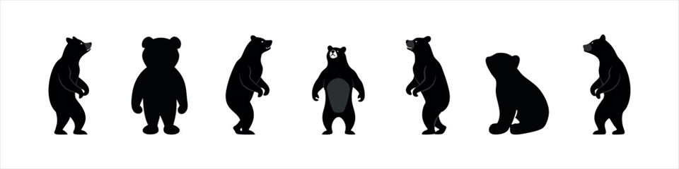 Bear Silhouette Design Set Walking, Standing, and Roaring Bears Vector Clipart

