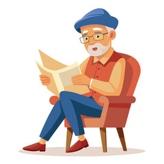Older man reading newspaper sitting in armchair cartoon art