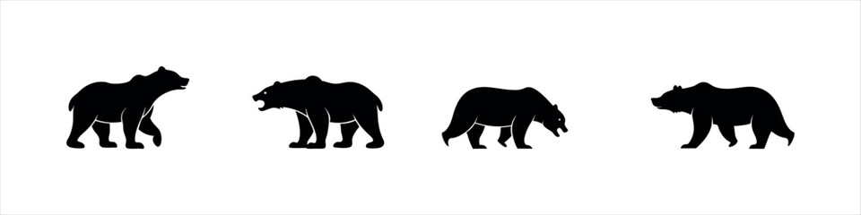 Bear Silhouette Design Set Walking, Standing, and Roaring Bears Vector Clipart


