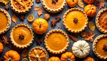 Festive Thanksgiving flat-lay featuring pumpkin pies, spice, autumn elements