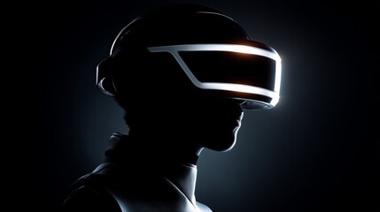 futuristic man in vr headset with glowing visor on black background