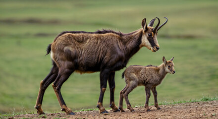 A chamois (Rupicapra rupicapra) with its baby in a rocky mountain landscape