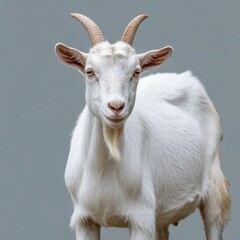 Fototapeta premium White domestic goat with horns in a summer meadow