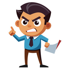 Angry cartoon man pointing finger holding document in hand