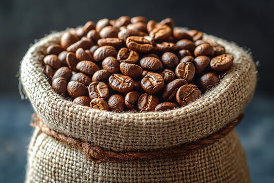 Burlap sack with coffee beans. AI generative.