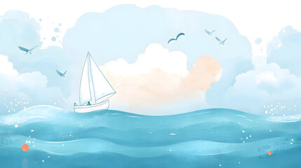 Naklejka premium un diseño de una pintura en acuarela de un paisaje en el oceano con un barco sobre las olas navegando por el mar con aves volando en el cielo con espacio de copia diseño infantil 