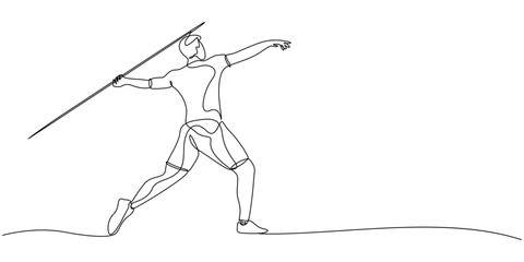 Exercising javelin throwing, Single one line drawing back view of male athlete practices in throwing javelin at sports field stadium. Sportsman training in action, motion. Continuous line draw design.