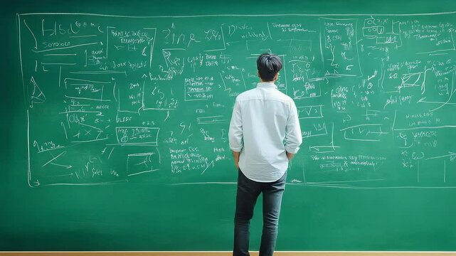 Student facing chalkboard with equations