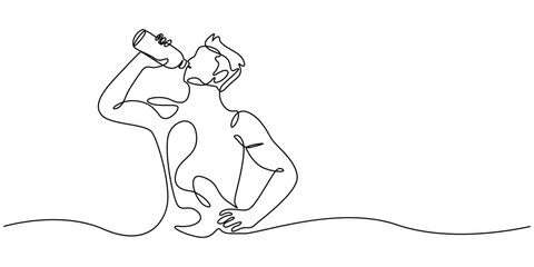Continuous line drawing of sporty man drink energy water from bottle. One line art concept of healthy life style. Vector illustration, Continuous one line drawing of young sporty man drinking water.