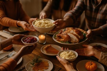 Family hands passing Thanksgiving food dishes across festive dinner table at home