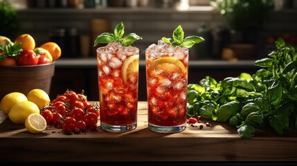 Two chilled drinks with lemon & basil