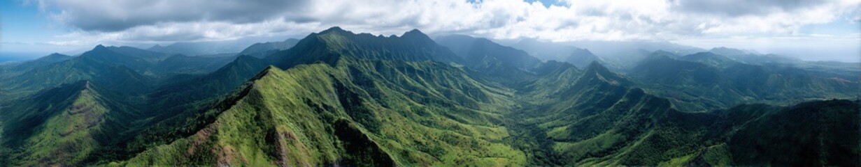 Naklejka premium Lush green mountains under cloudy sky panorama.