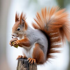 Obraz premium Cute red squirrel, a small wild rodent, eating a nut on a tree in the autumn park