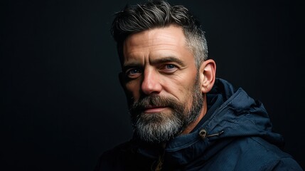 Obraz premium Portrait of a Bearded Man in a Dark Hoodie Against a Black Background