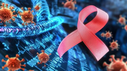 cancer and risk concept. Digital artwork depicting a pink ribbon amidst virus graphics and data visuals.