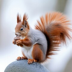 Obraz premium Cute red squirrel, a small rodent mammal, eating a nut in a park tree, showcasing its fluffy tail and wild nature